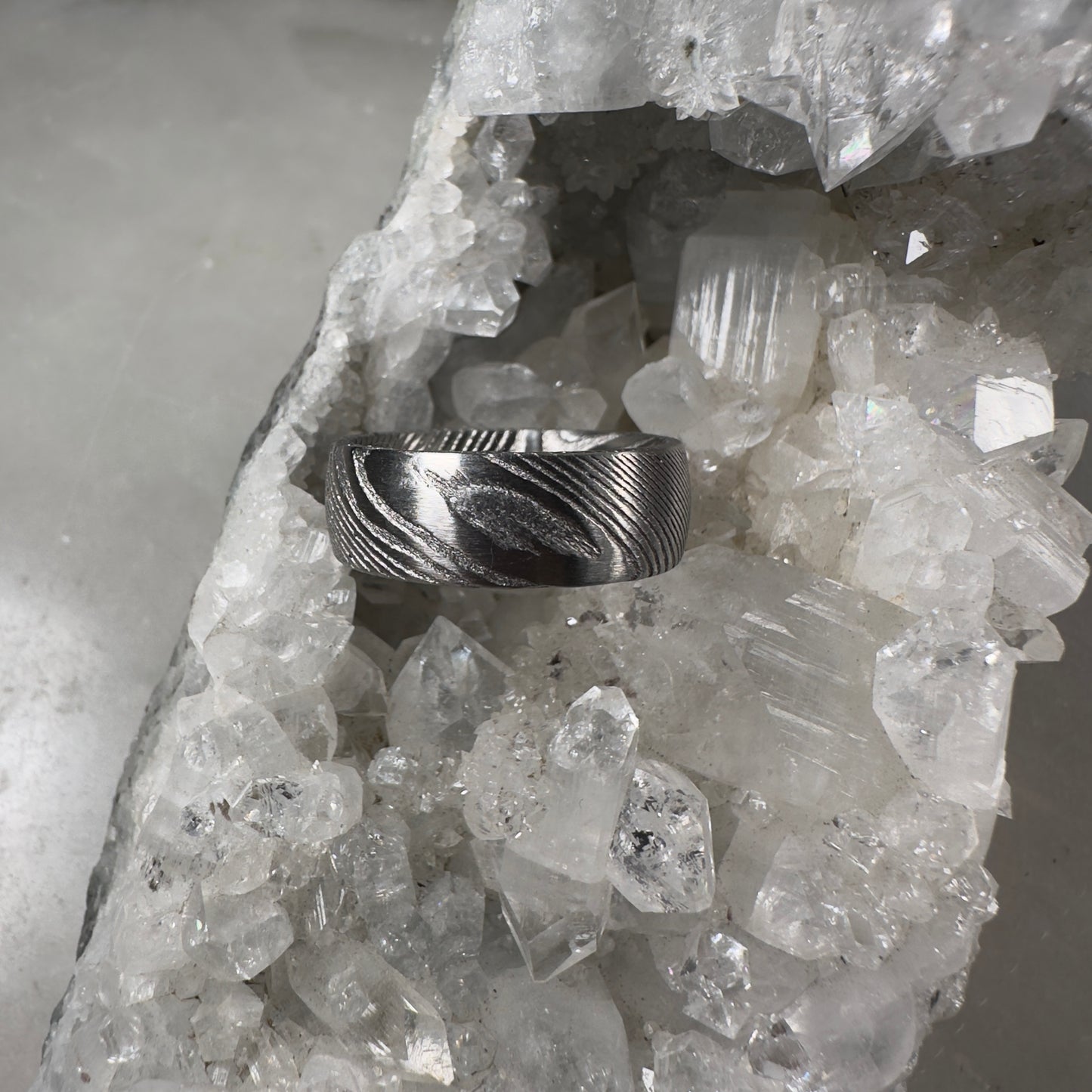 Grey Damascus Steel Ring with Half Round Profile