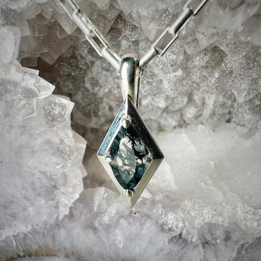 Moss Agate Marquise Geometric Pendant | Sterling Silver