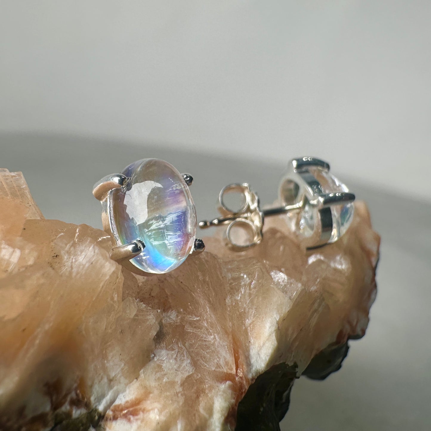 Rainbow Moonstone Oval Stud Earrings | Sterling Silver