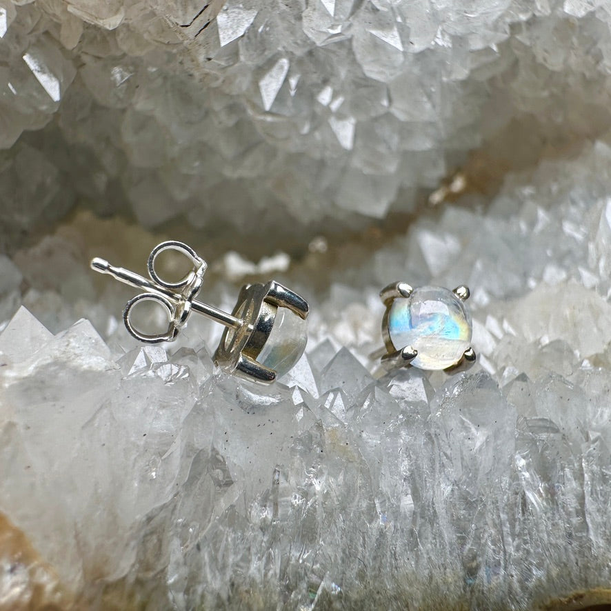 Rainbow Moonstone Stud Earrings | Sterling Silver
