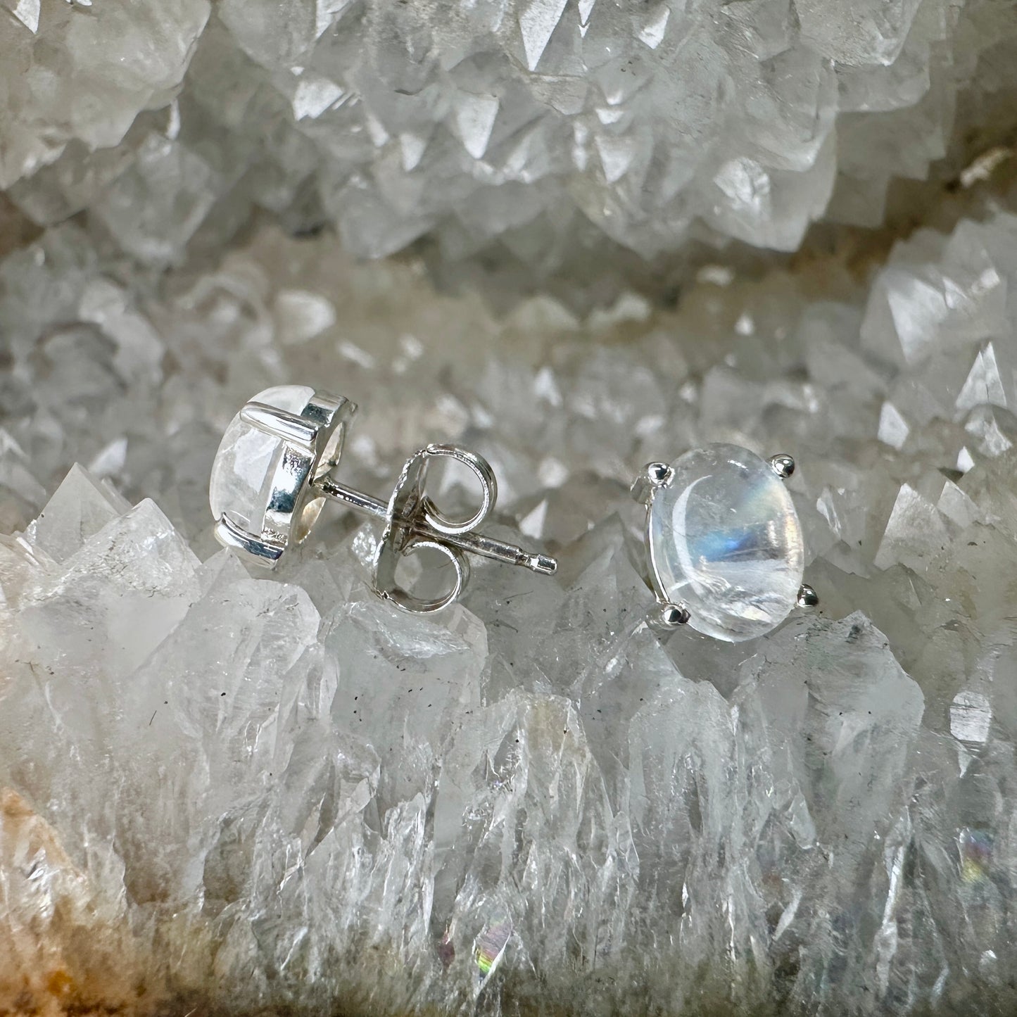 Blue Moonstone Oval Stud Earrings | Sterling Silver