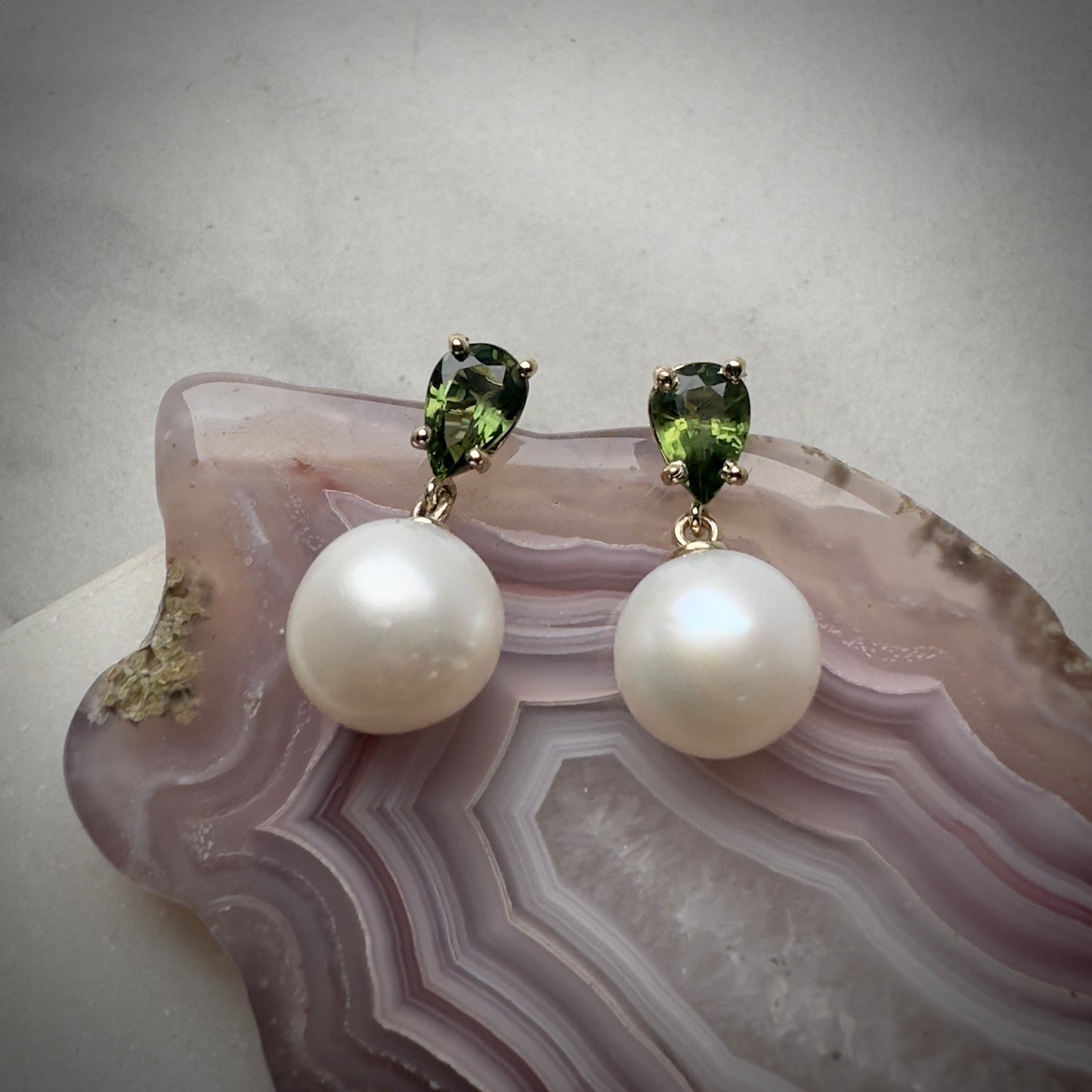 Green Australian Sapphire and Freshwater Pear Drop Earrings | 14k Yellow Gold