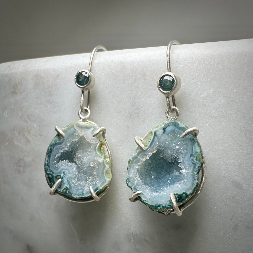 Tabasco Geode Earrings with Silky Teal Sapphires
