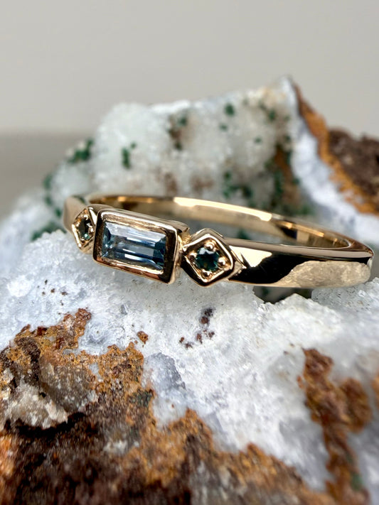 Art Deco Inspired Blue & Teal Sapphires Stacking Ring | 14k Yellow Gold