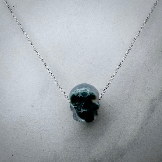 Moss Agate Carved Skull Floating Necklace | Sterling Silver