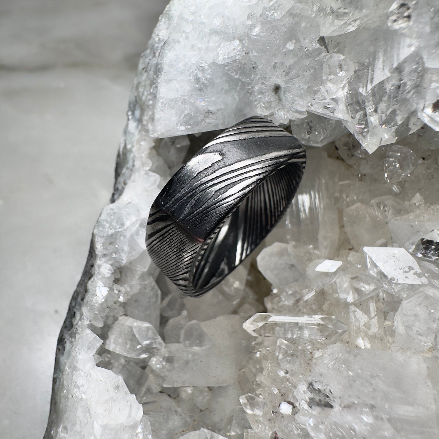 Etched Damascus Steel Ring with Square Profile