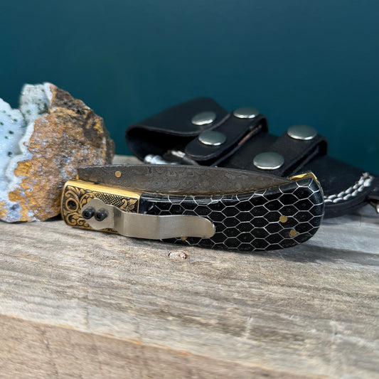Hand-Engraved Damascus Folding Pocket Knife with Honeycomb Handle