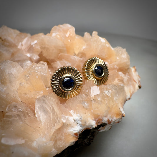 Blue Sapphire Sunburst Earrings | 14k Yellow Gold