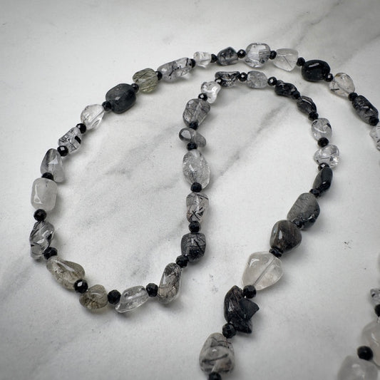 Black Tourmaline Quartz & Black Spinel Beaded Necklace
