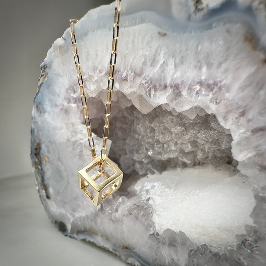 14k Gold Cube Pendant | Small