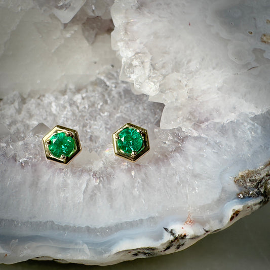 Emerald Hexagon Stud Earrings | 14k Yellow Gold