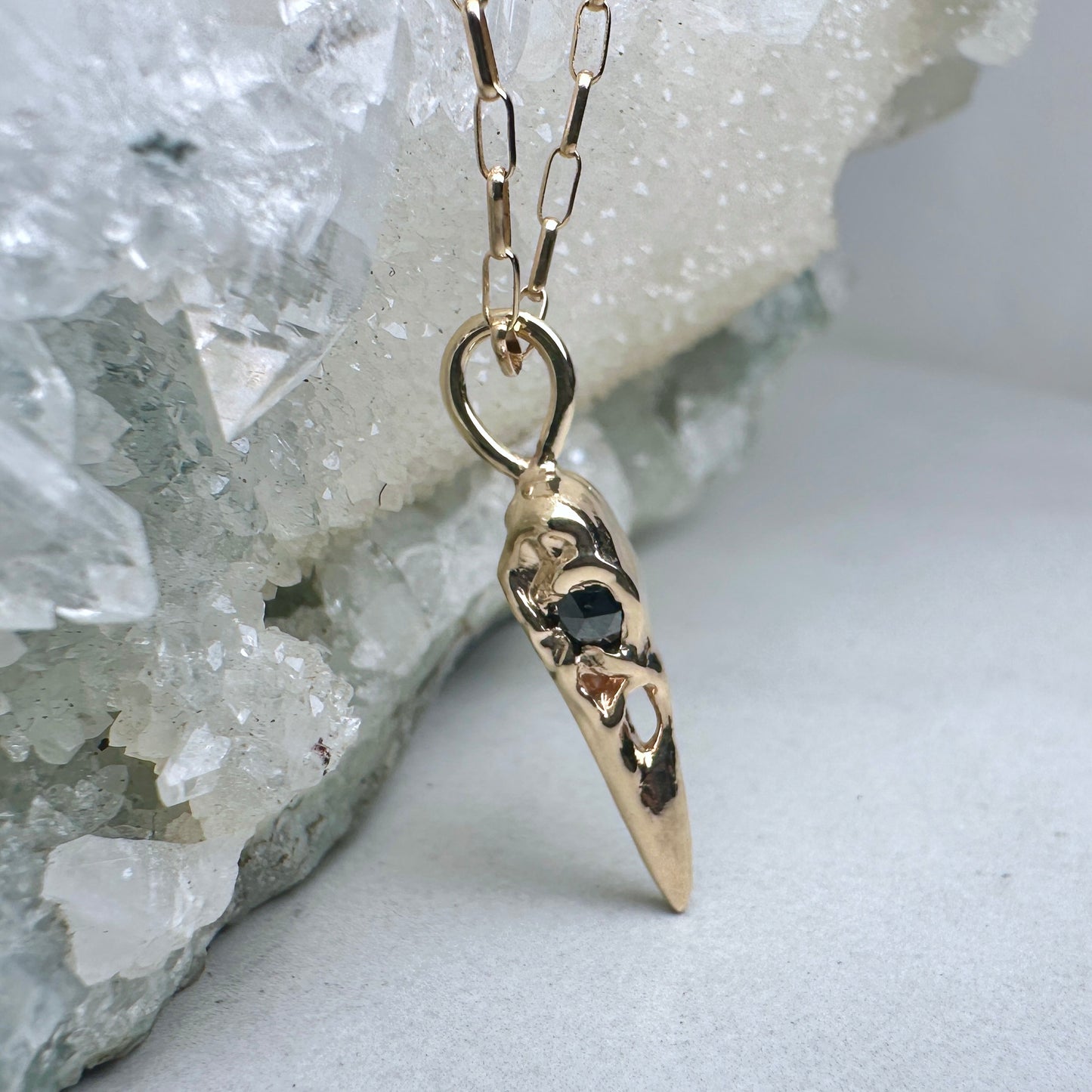 Raven Skull Pendant with Black Diamond Eyes | 14k Yellow Gold