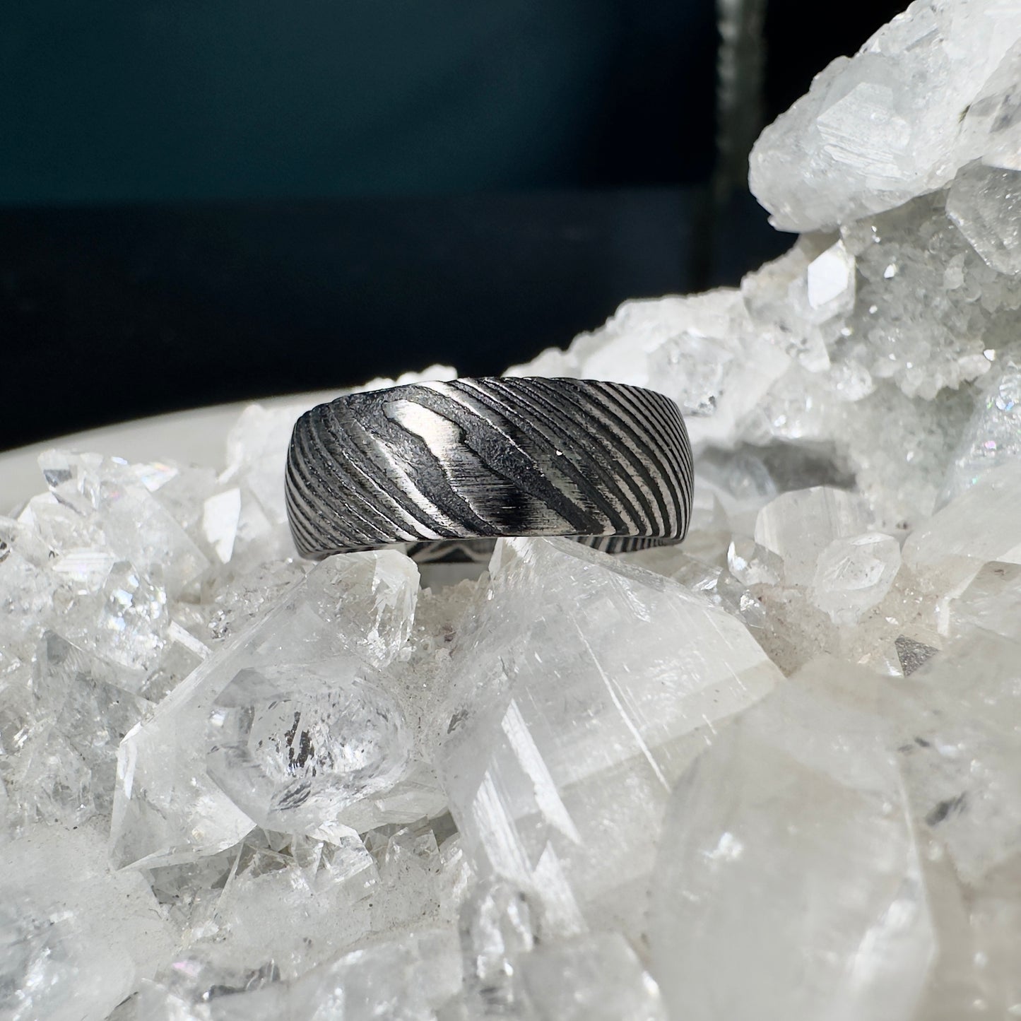 Etched Silver Damascus Steel Ring with Half Round Profile