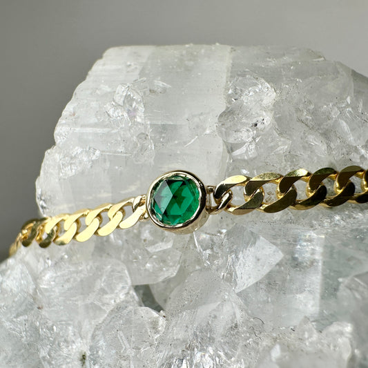Emerald Rose Cut Curb Chain Bracelet | 14k Yellow Gold