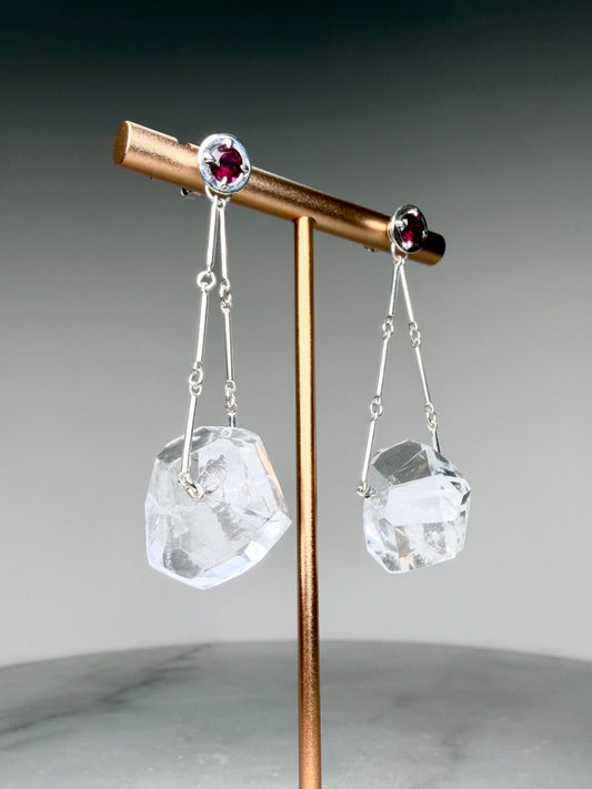 Geometric Quartz Earrings with Rhodolite Garnets | Sterling Silver
