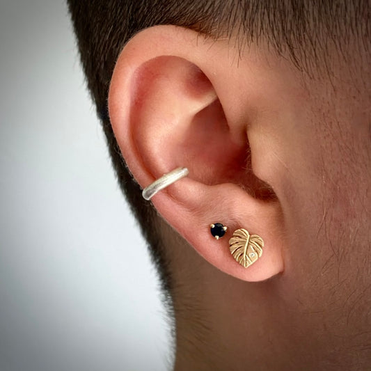 Monstera Stud Earrings with White Diamonds | 14k Yellow Gold