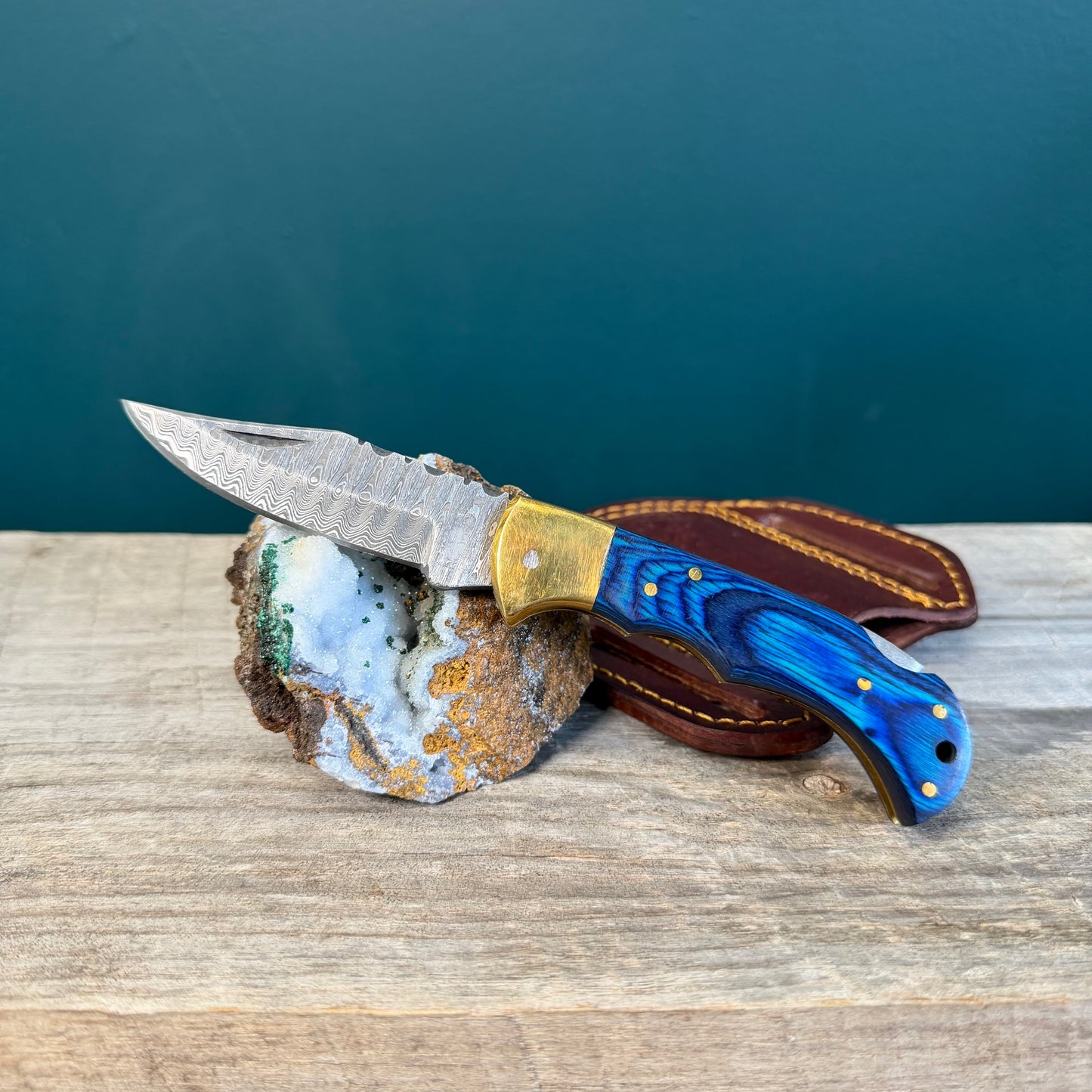 Blue Wood & Brass Folding Knife with Leather Sheath