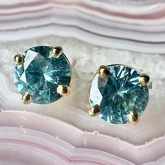 Blue Zircon Stud Earrings | 14k Yellow Gold