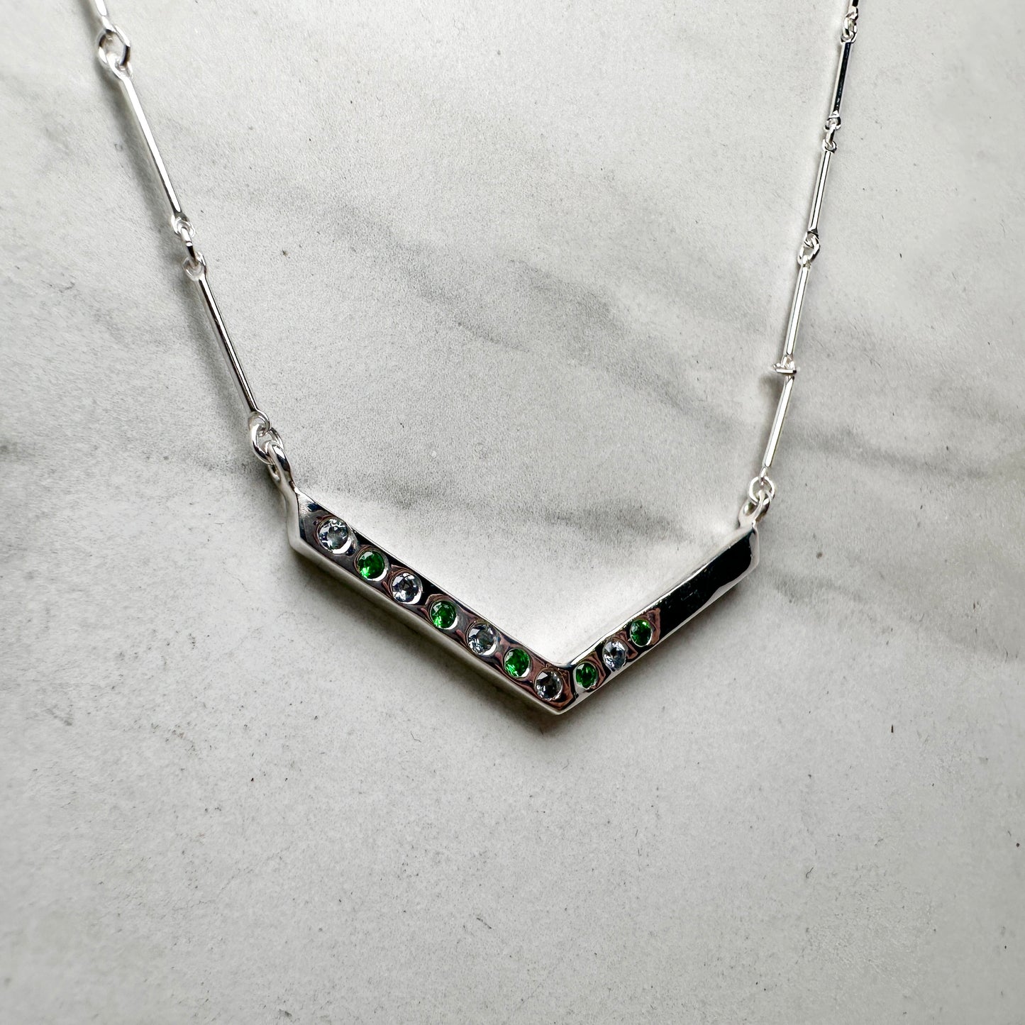 Tsavorite Garnet and Grey Spinel Chevron Necklace | Sterling Silver