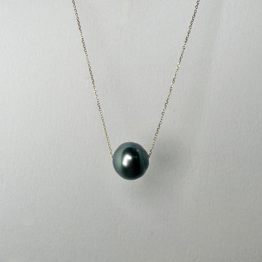 Peacock Grey Tahitian Pearl Floating Necklace | 14k Yellow Gold