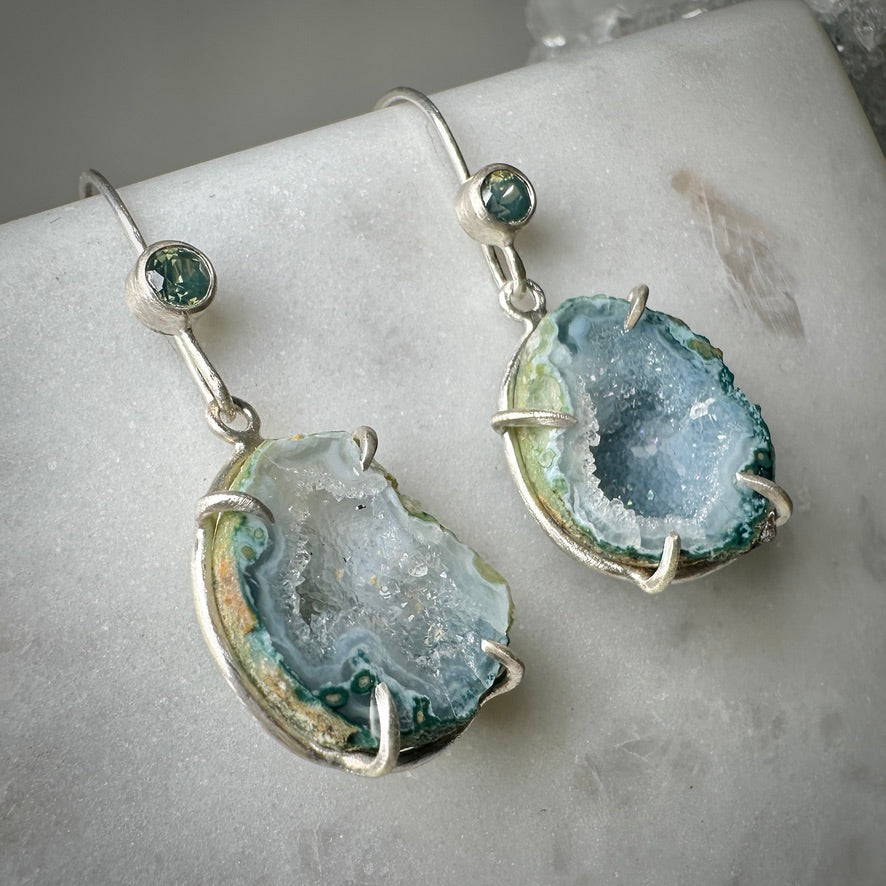 Tabasco Geode Earrings with Silky Teal Sapphires
