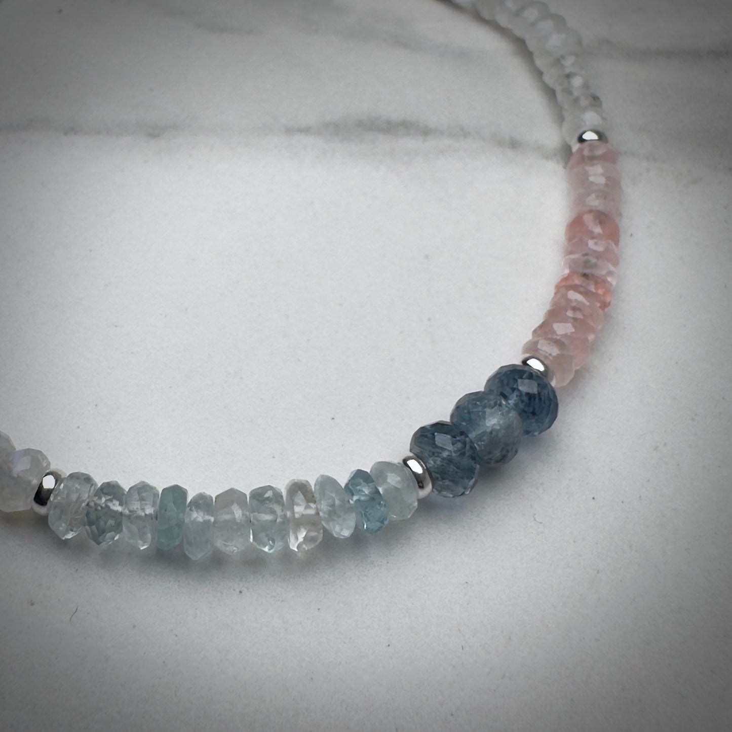 Aquamarine, Moonstone and Morganite Beaded Bracelet | Sterling Silver | Adjustable