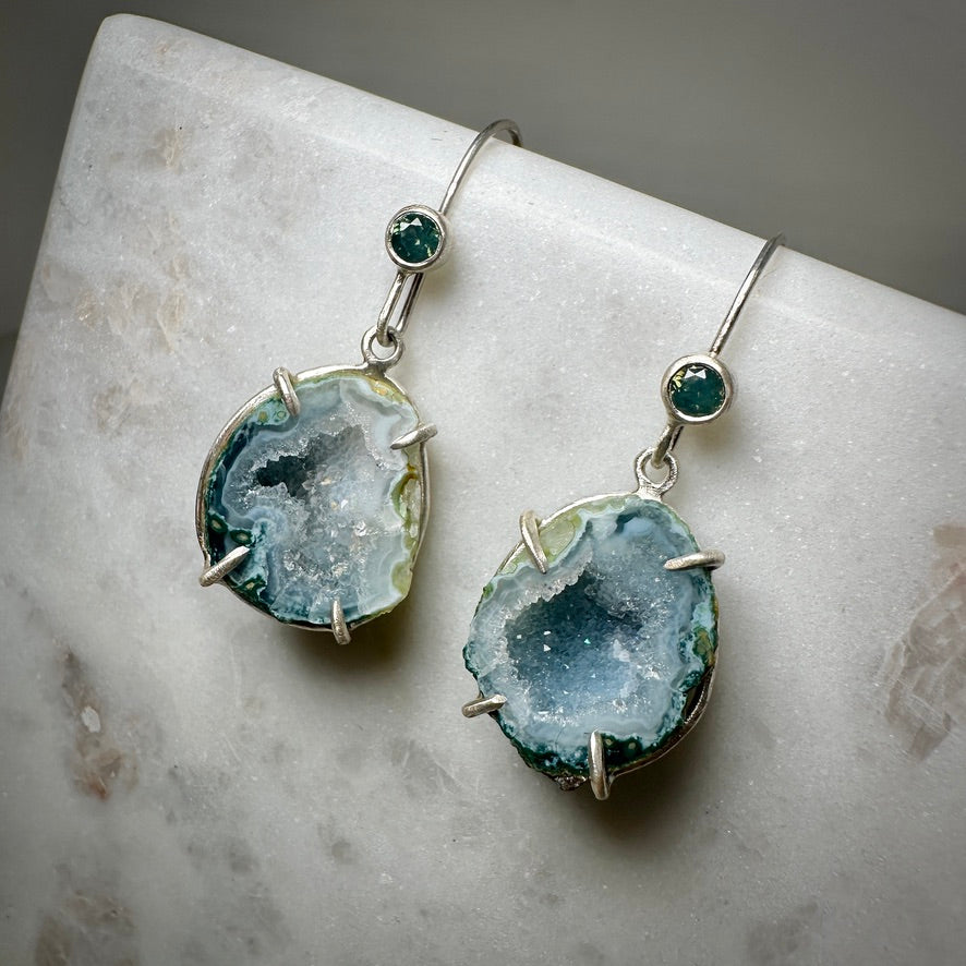 Tabasco Geode Earrings with Silky Teal Sapphires