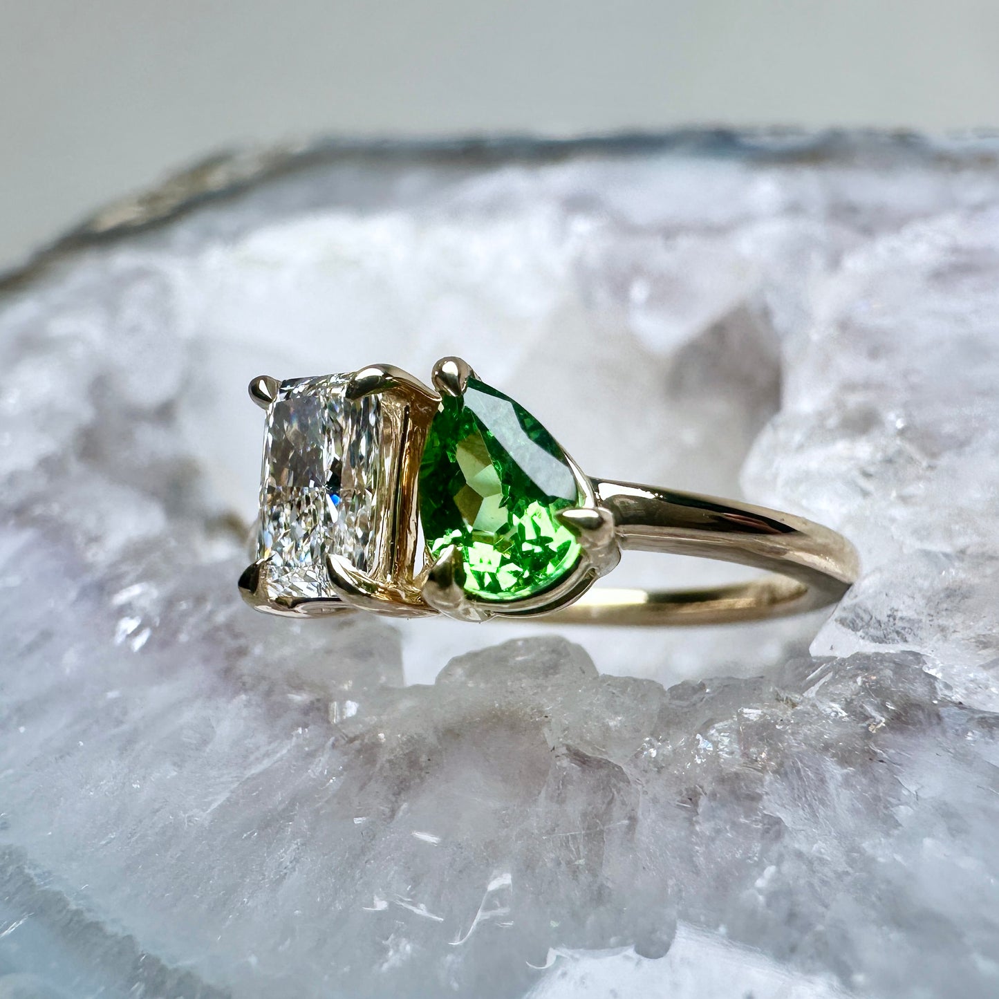 Lab Grown Diamond & Tsavorite Garnet Toi et Moi | 14k Yellow Gold