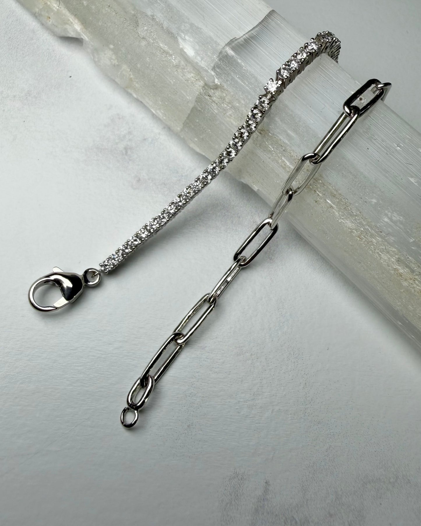 Half Tennis Half Paperclip Chain Bracelet | 14k White Gold