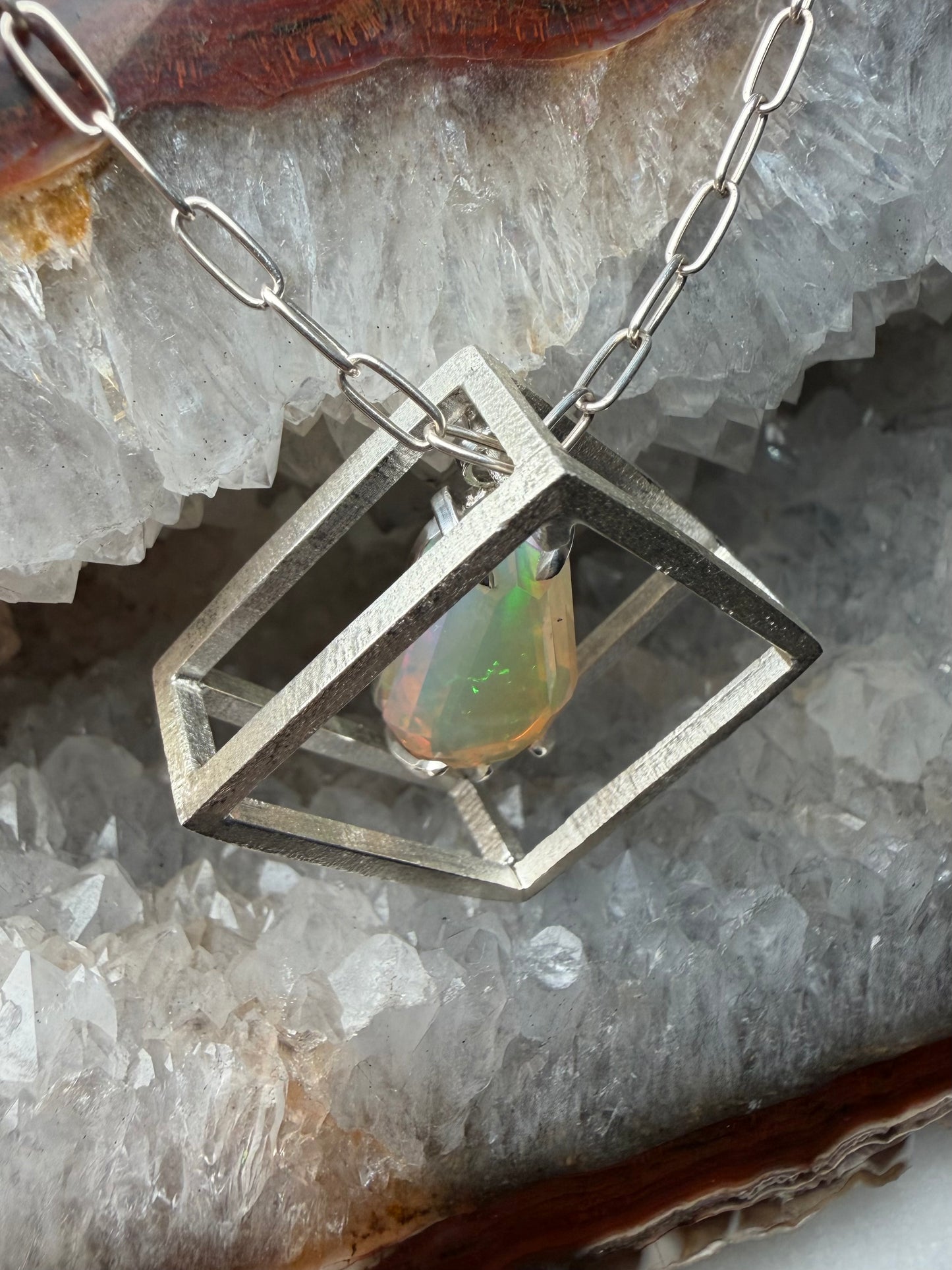 Ethiopian Opal Cube Pendant | Sterling Silver