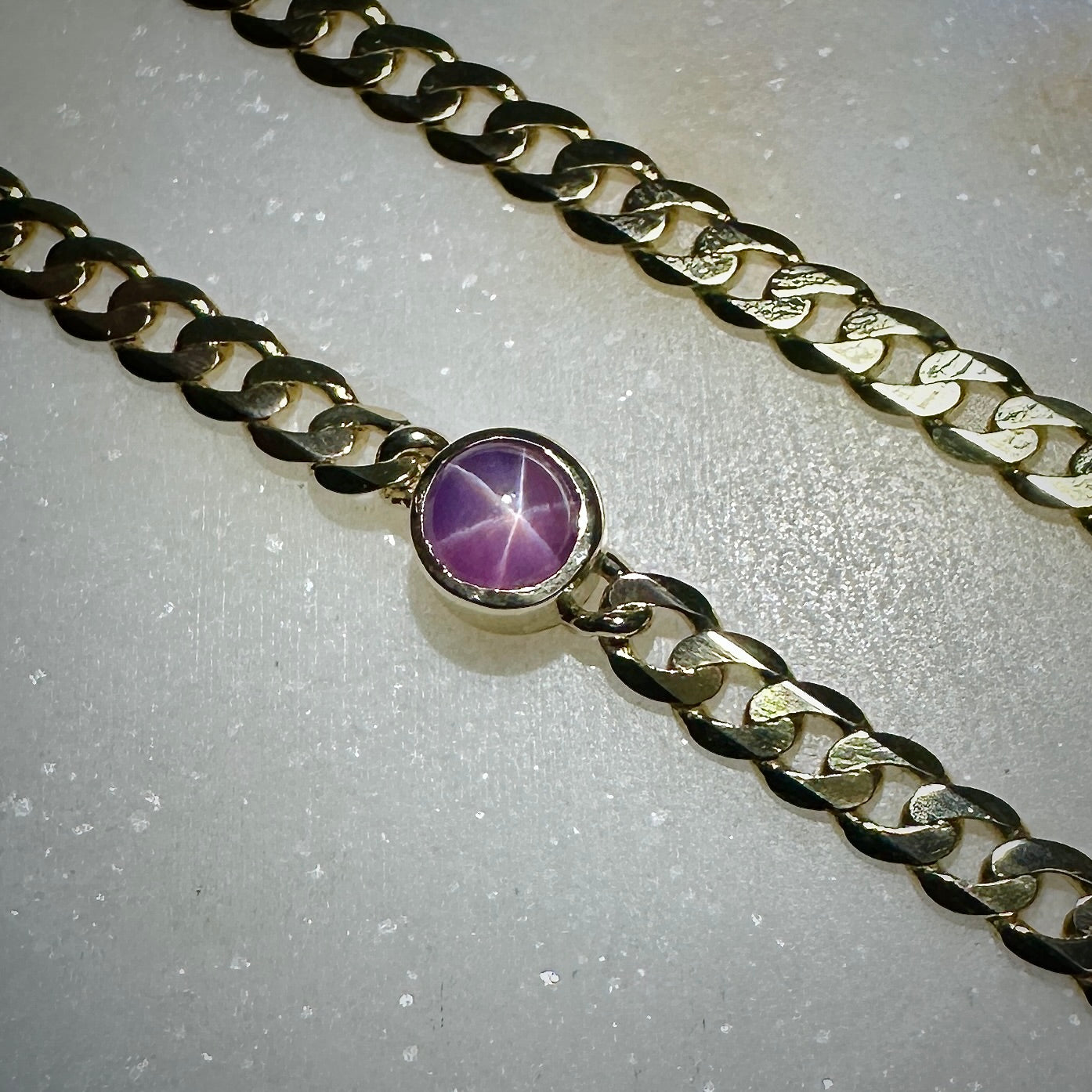 Pink Star Sapphire Curb Chain Bracelet | 14k Yellow Gold