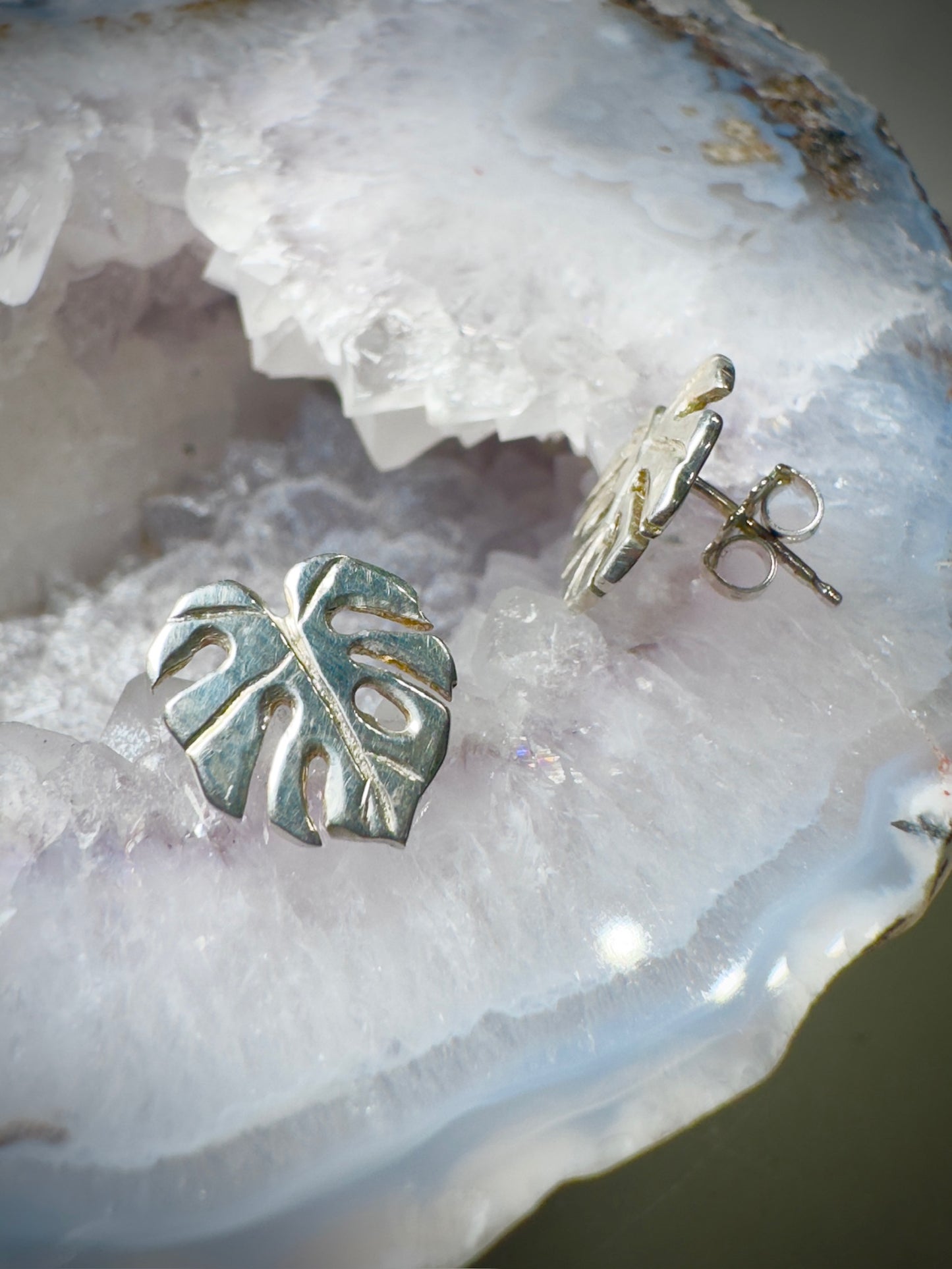 Small Monstera Stud Earrings in Silver