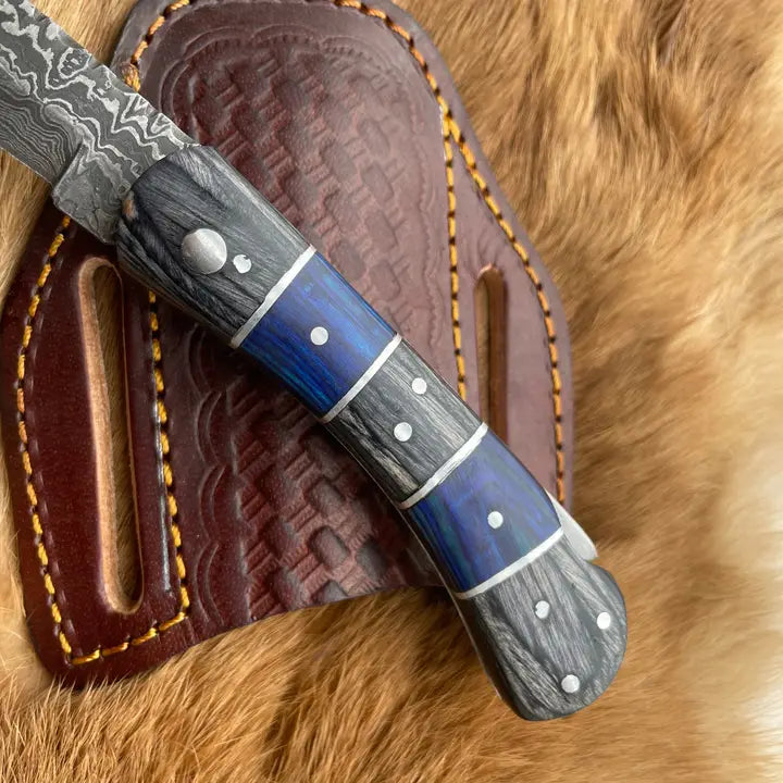 Damascus Steel Knife with Grey and Blue Wood Handle