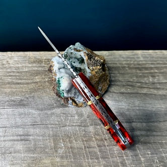 Damascus Steel Knife with Wood Patterned Red Resin Handle