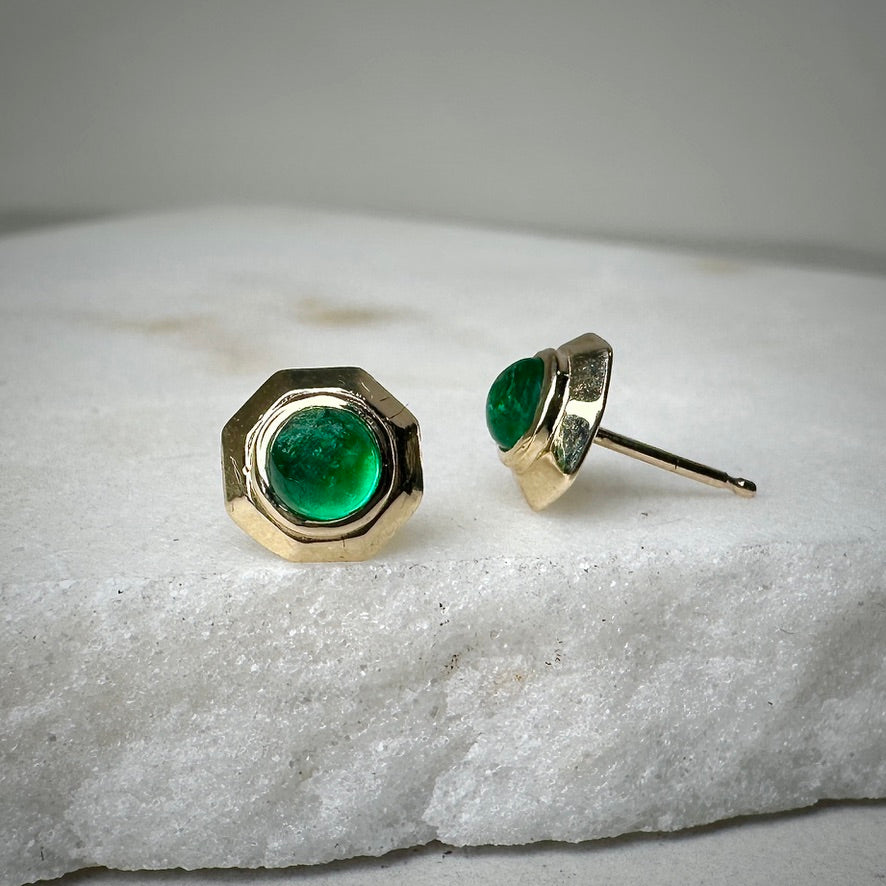 Emerald Octagon Studs | 14k Yellow Gold