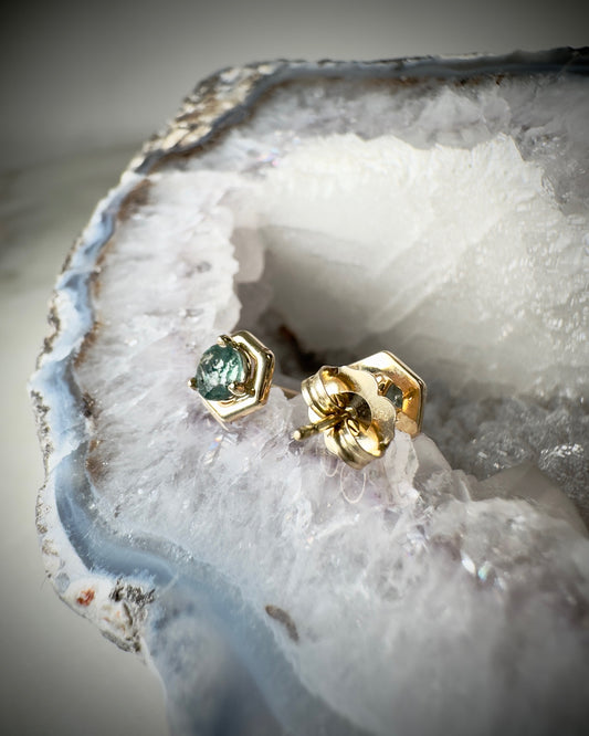 Hexagon Montana Sapphire Stud Earrings | 14k Yellow Gold