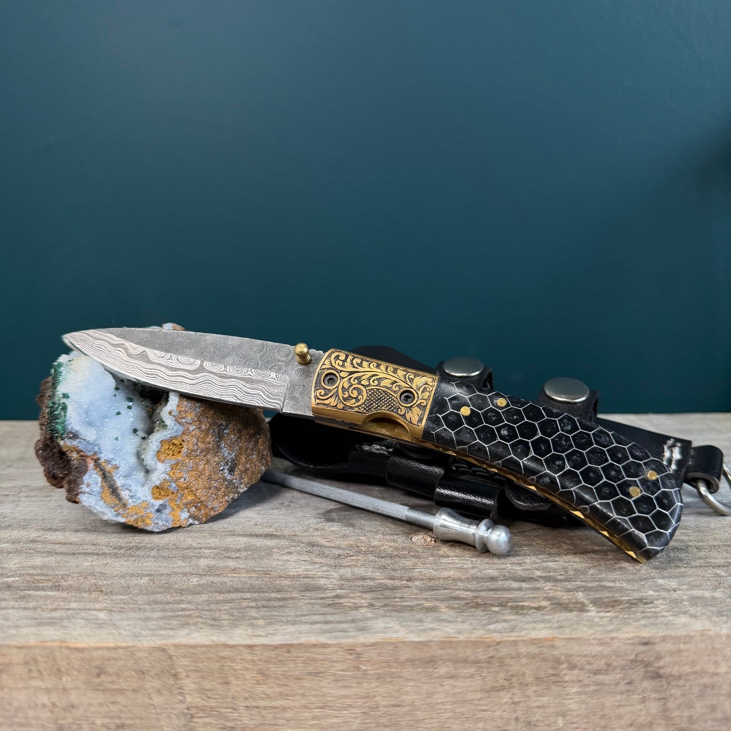 Hand-Engraved Damascus Folding Pocket Knife with Honeycomb Handle