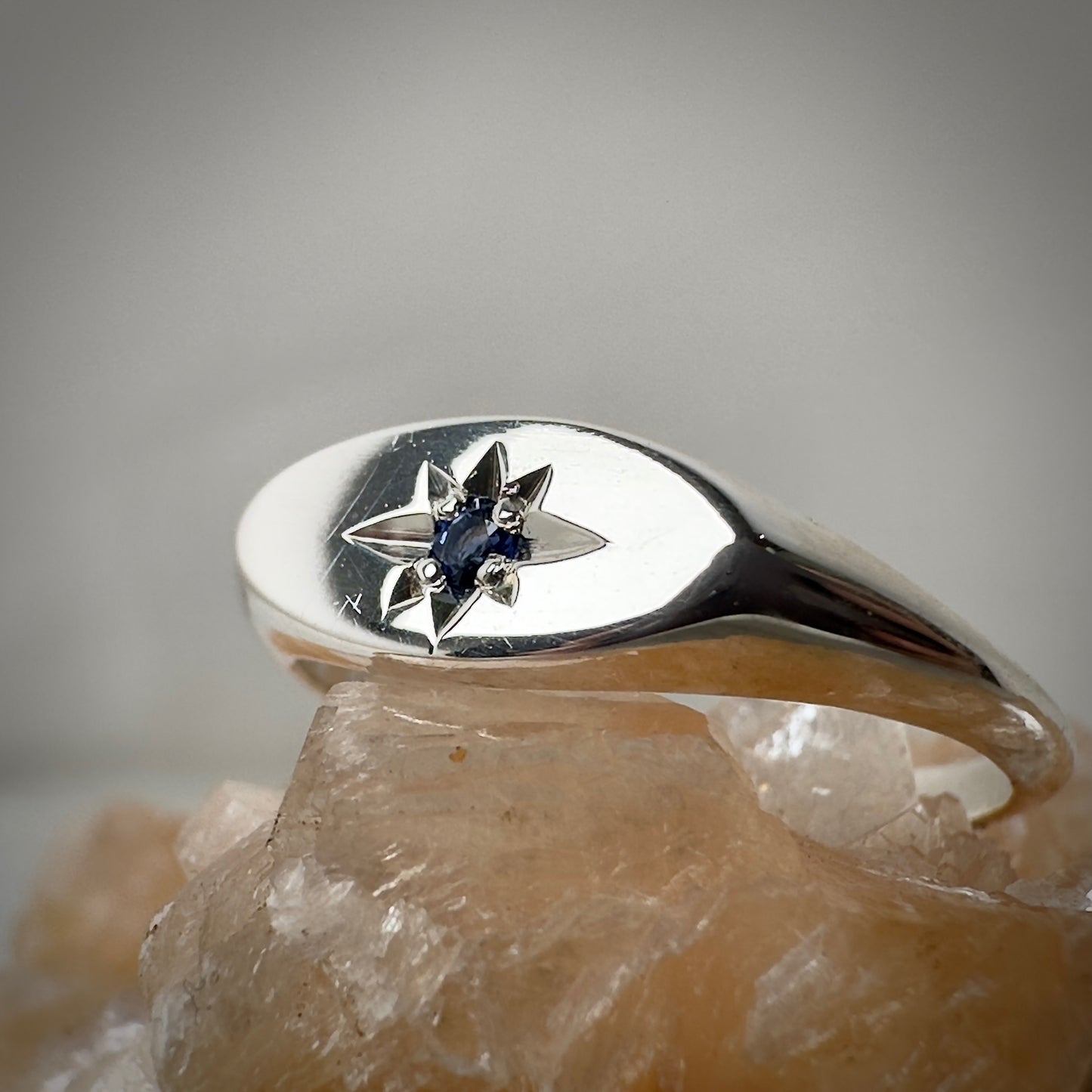 Blue Sapphire Starburst Ring in Sterling Silver