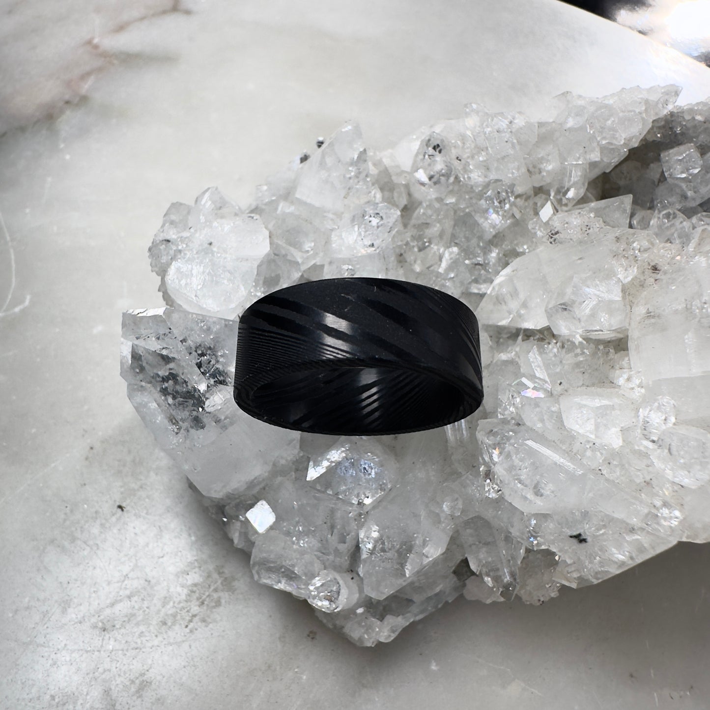 Black Damascus Steel Ring with Flat Round Profile
