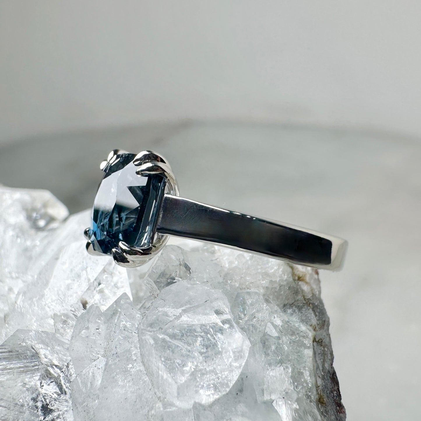 Blue Spinel Wide Band Solitaire Ring | 14k White Gold