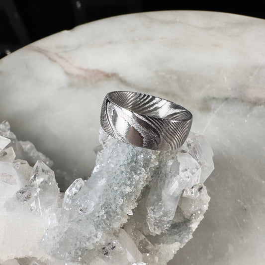 Grey Damascus Steel Ring with Half Round Profile
