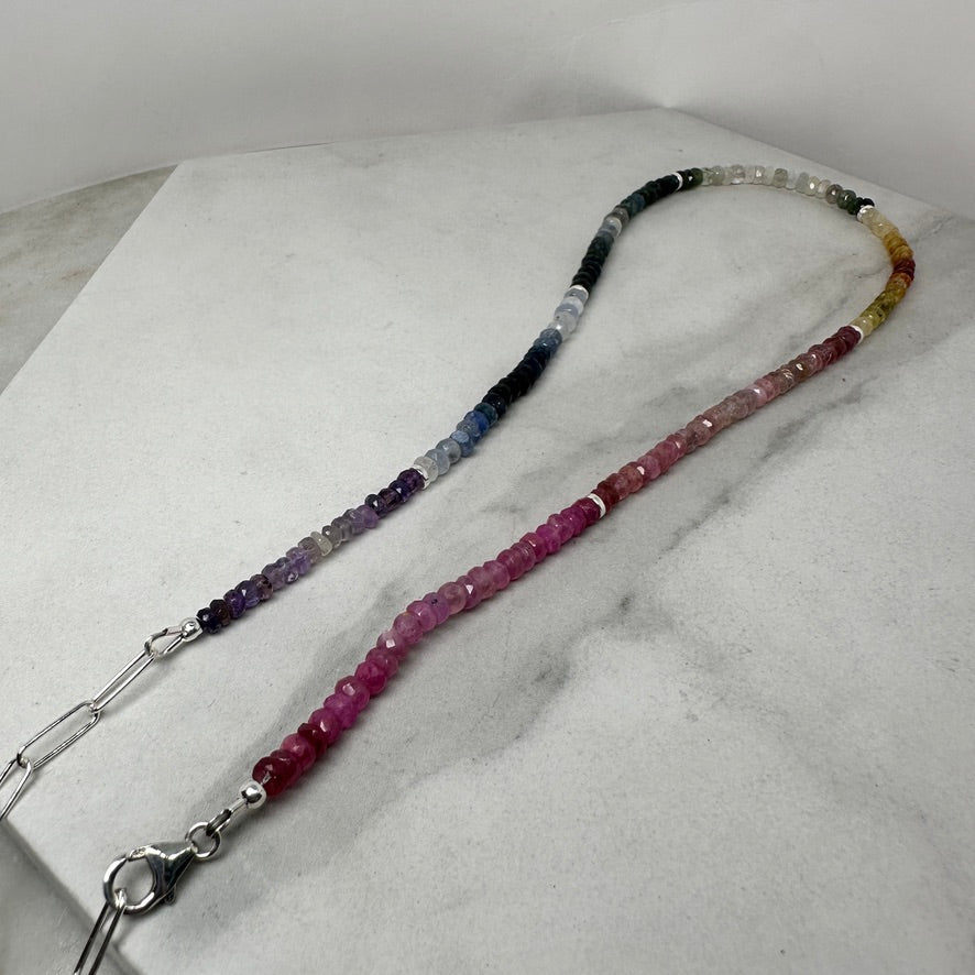Faceted Rainbow Sapphire Beaded Necklace | Sterling Silver