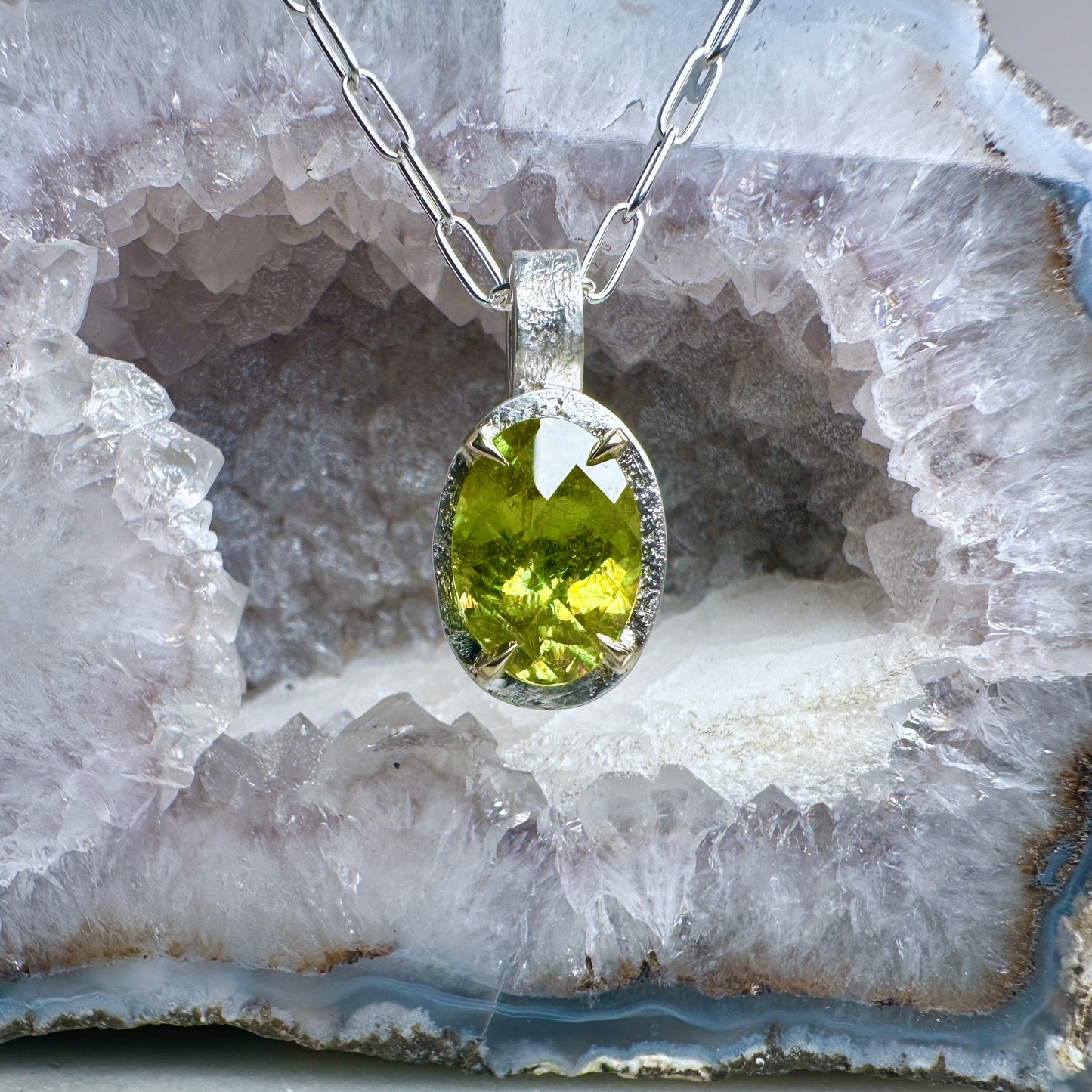 Chartreuse Sphene Granite Pendant | 14k Yellow Gold & Sterling Silver Mixed Metals