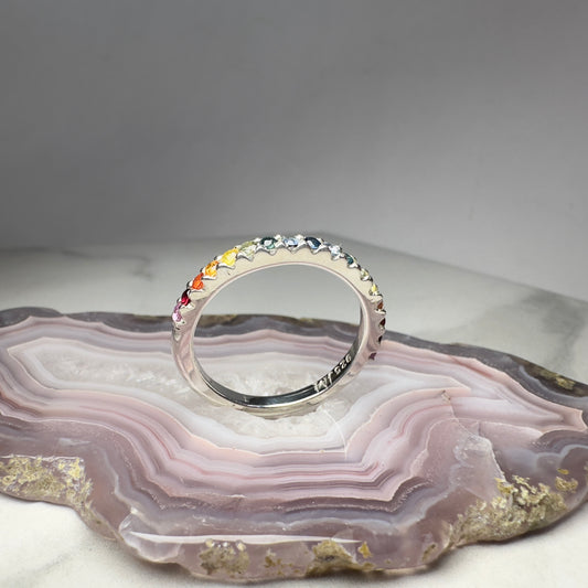 Shared Prong Rainbow Sapphire Band | Sterling Silver