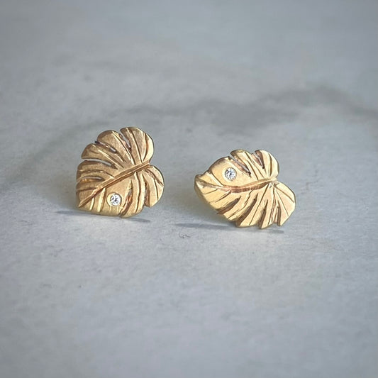 Monstera Stud Earrings with White Diamonds | 14k Yellow Gold