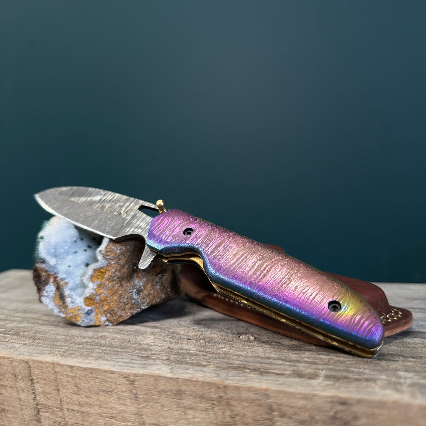 Full Damascus Steel Utility Knife with Anodized Rainbow Handle