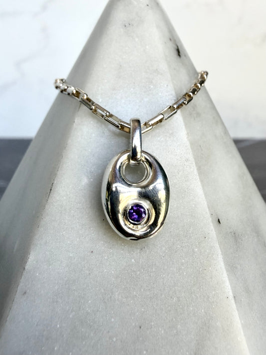 Puffed Anchor Gemstone Charm Pendant | Sterling Silver