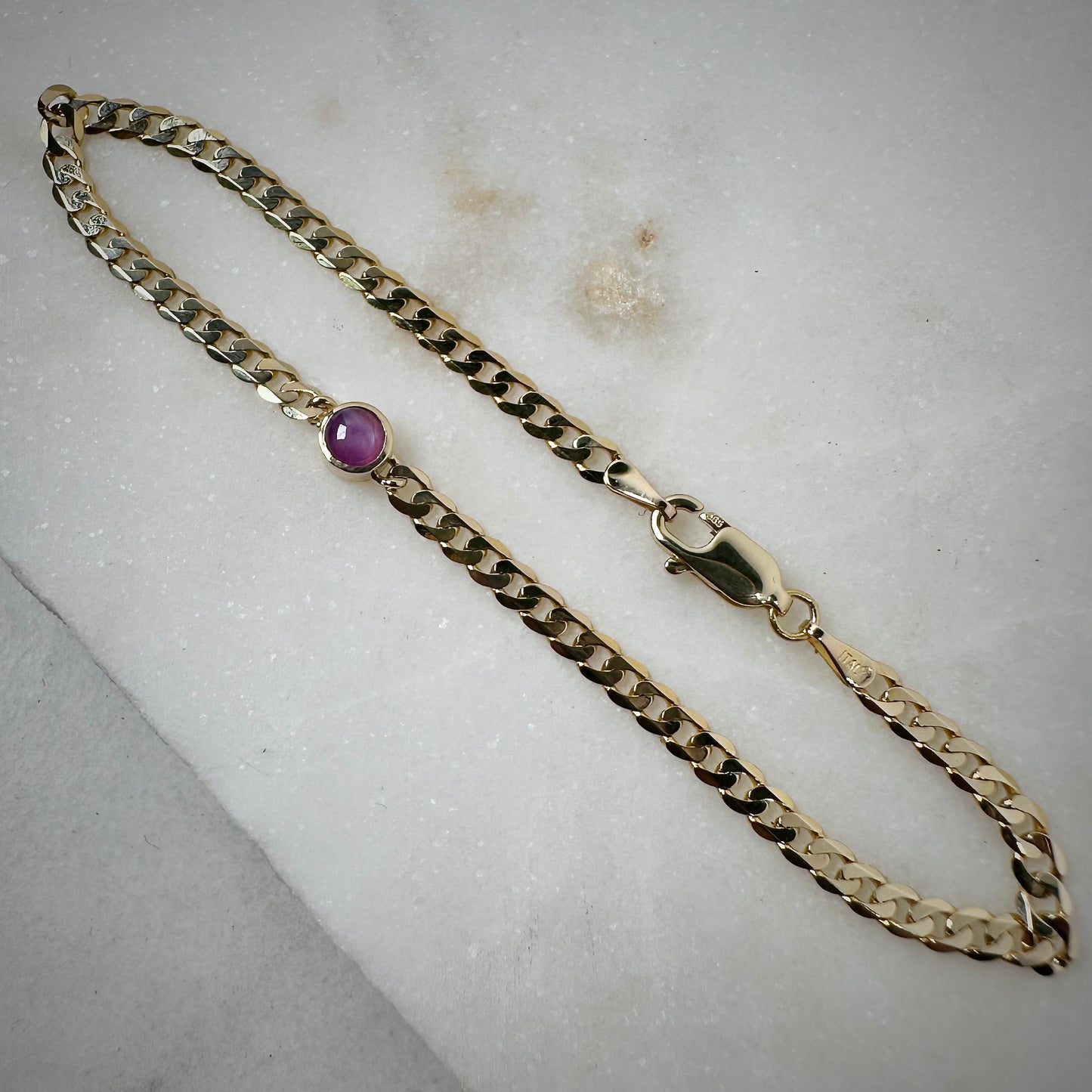 Pink Star Sapphire Curb Chain Bracelet | 14k Yellow Gold