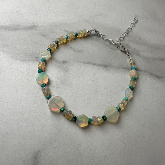 Ethiopian Opal and Turquoise Beaded Bracelet | Adjustable | Sterling Silver