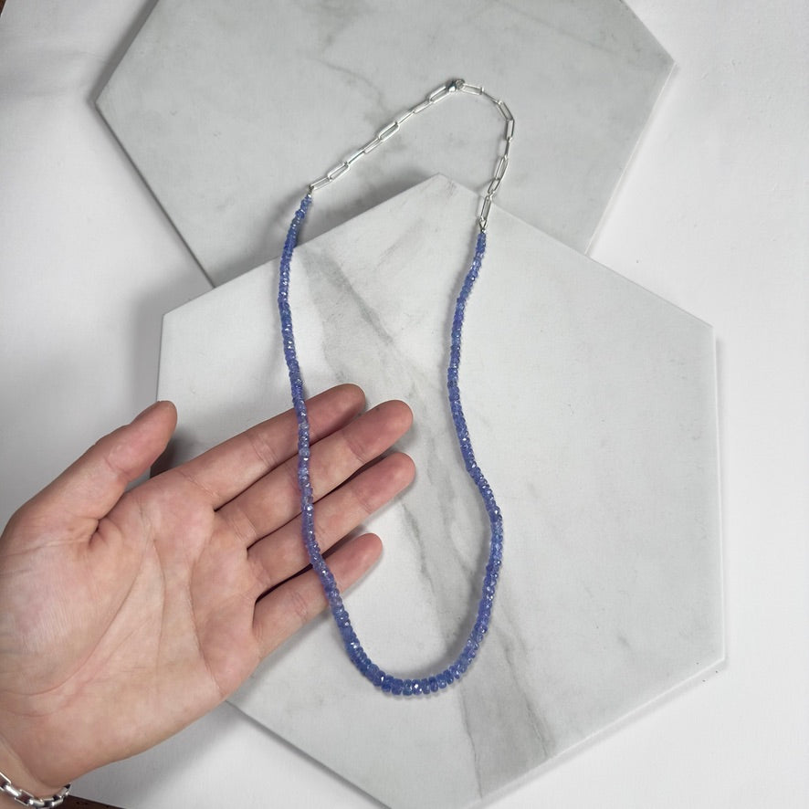 Tanzanite Beaded Necklace with Paperclip Chain
